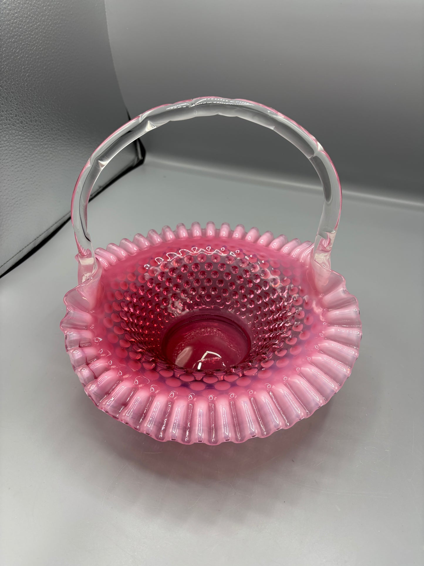 Vintage Cranberry Fenton opalescent hobnail basket