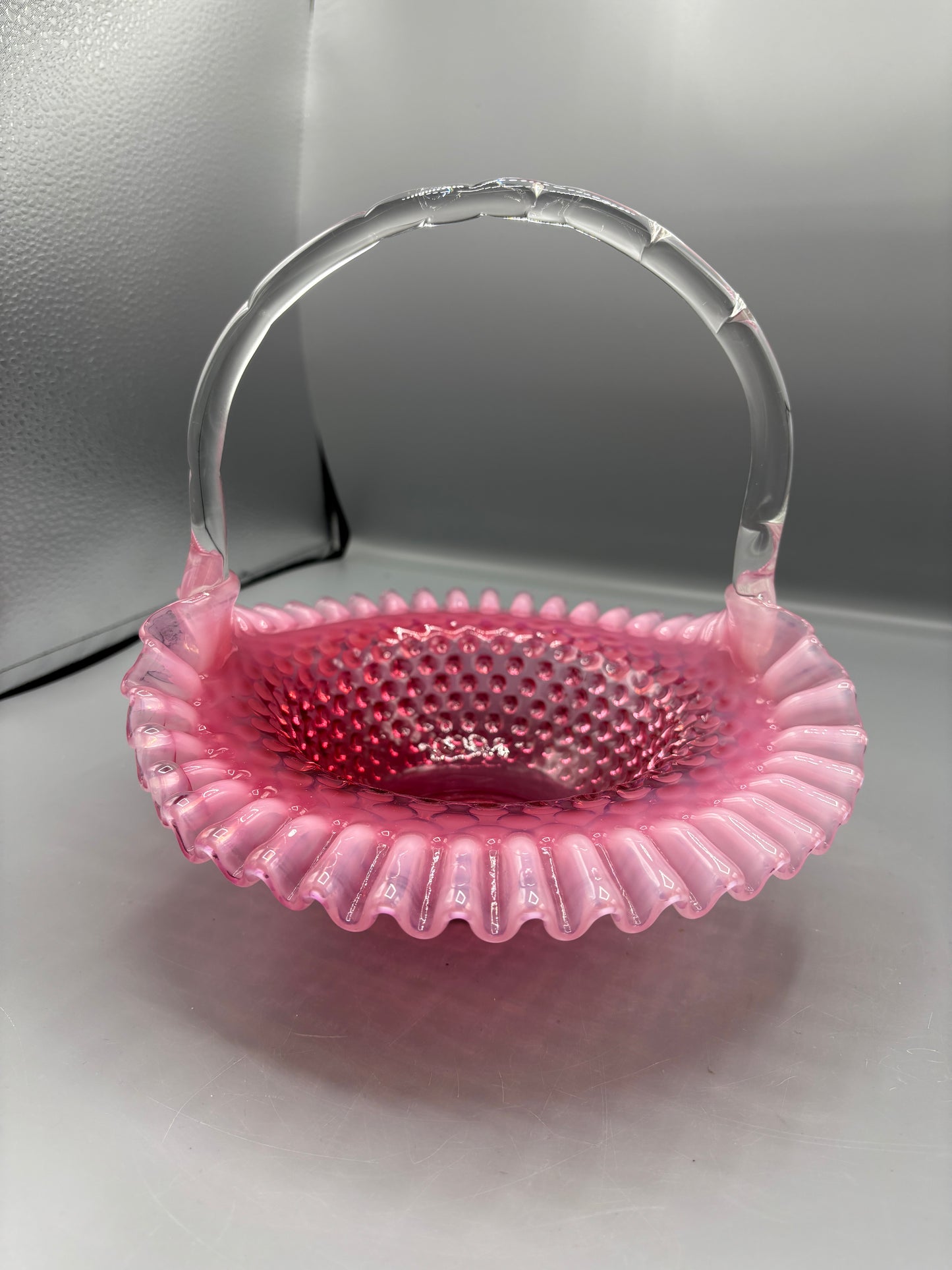 Vintage Cranberry Fenton opalescent hobnail basket