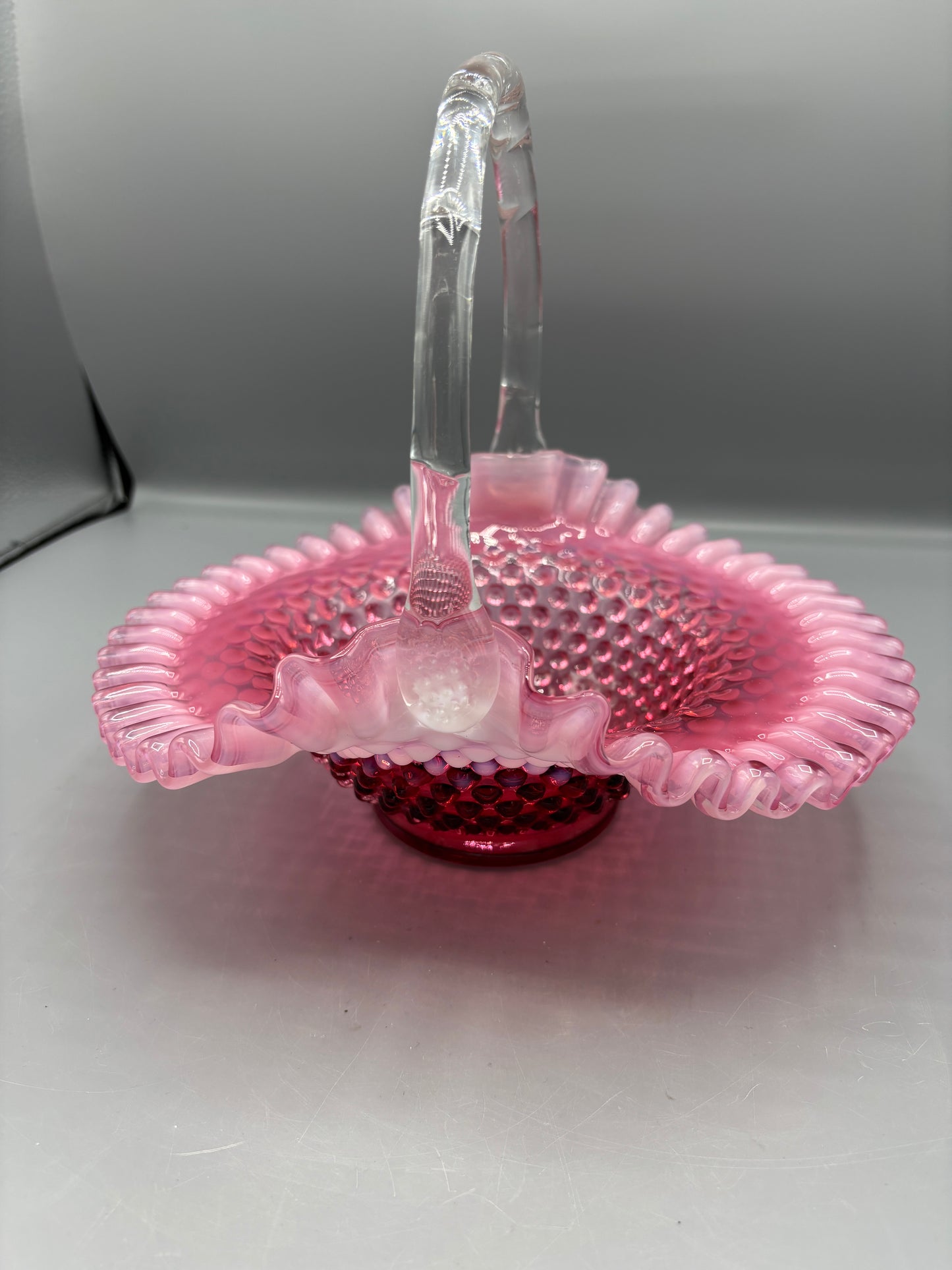 Vintage Cranberry Fenton opalescent hobnail basket