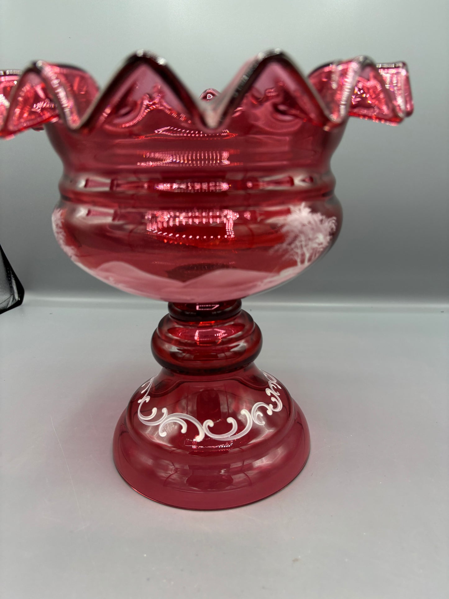 Large Fenton May Gregory cranberry glass pedestal vase