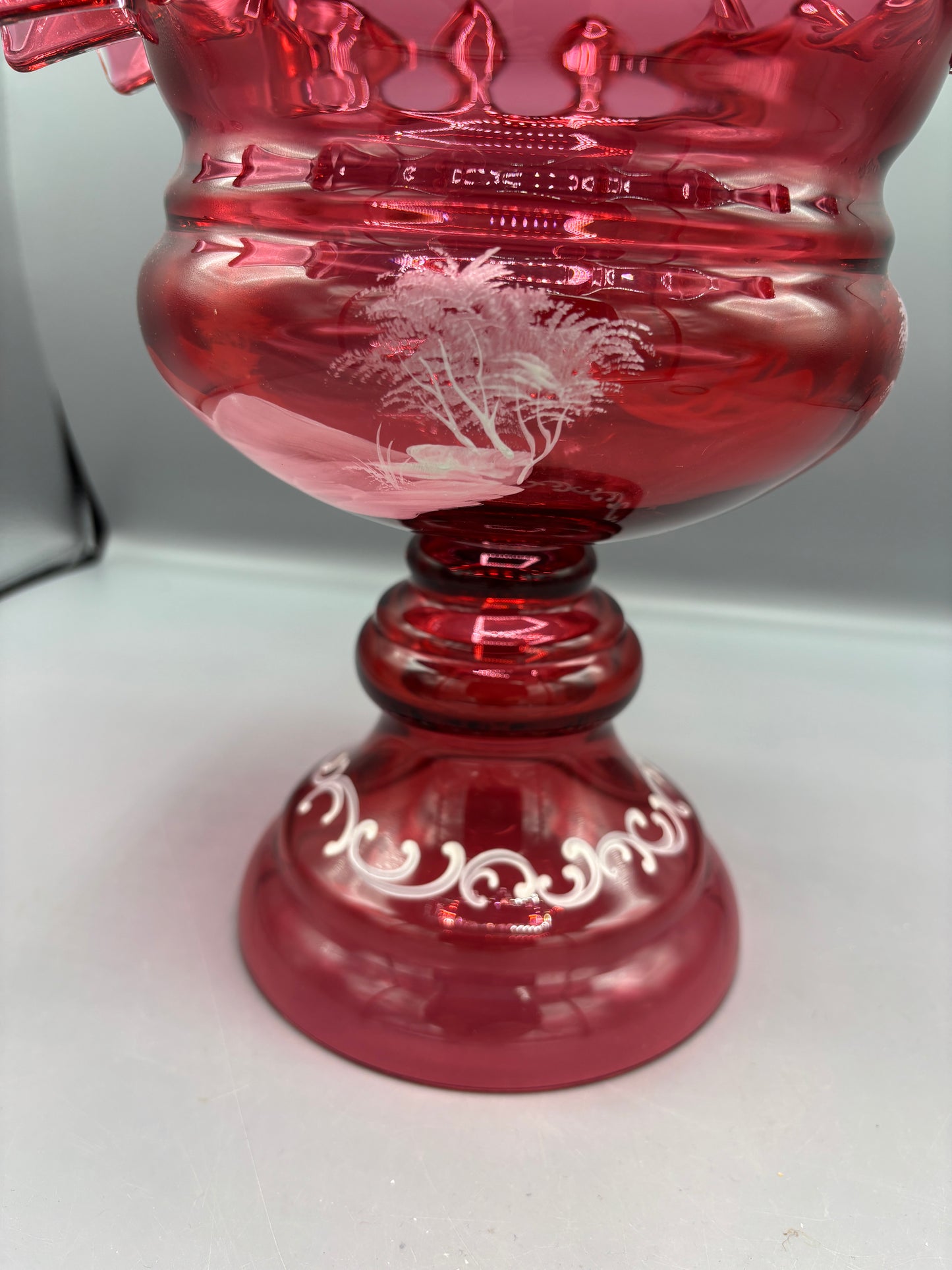 Large Fenton May Gregory cranberry glass pedestal vase