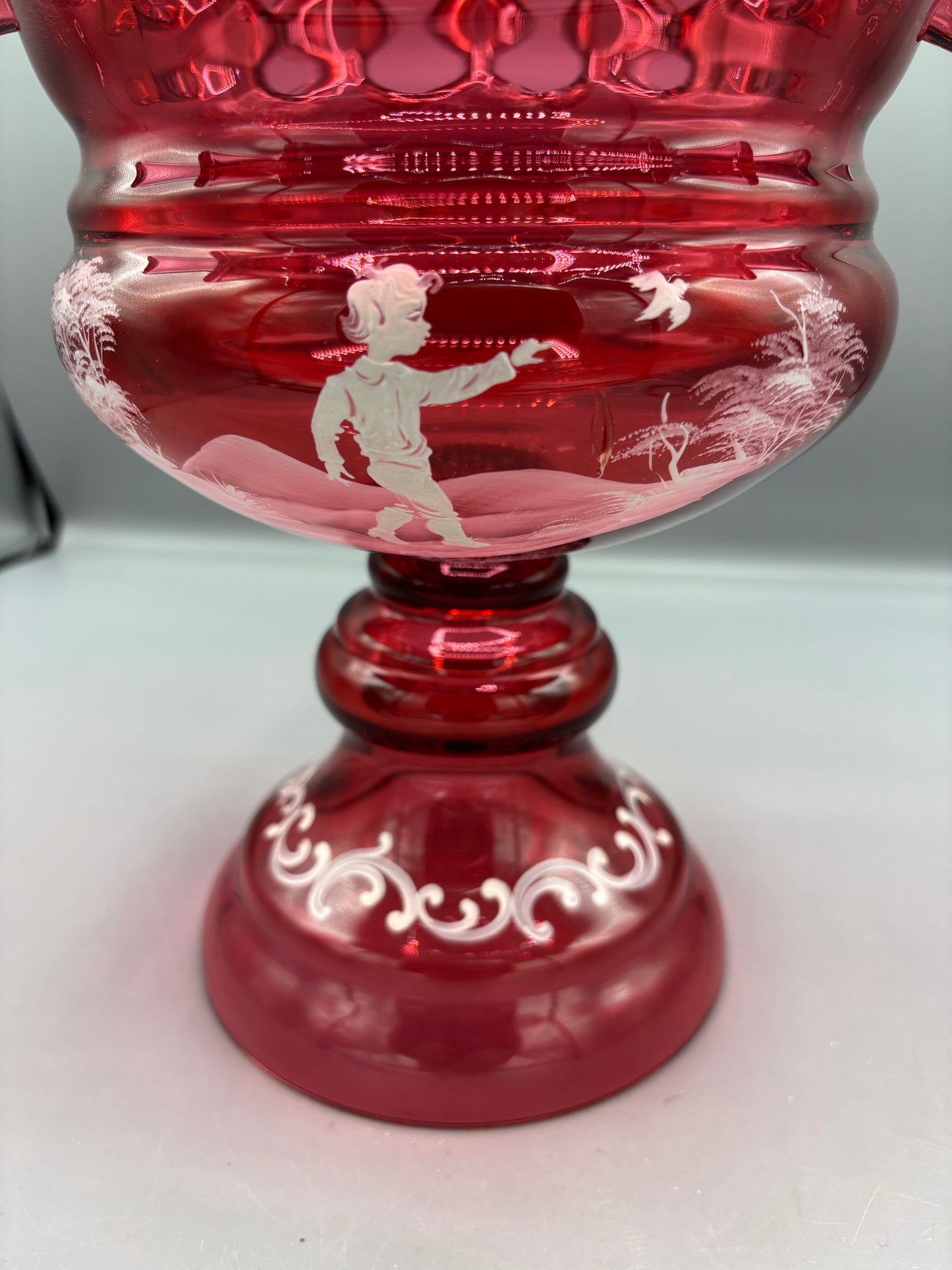 Large Fenton May Gregory cranberry glass pedestal vase