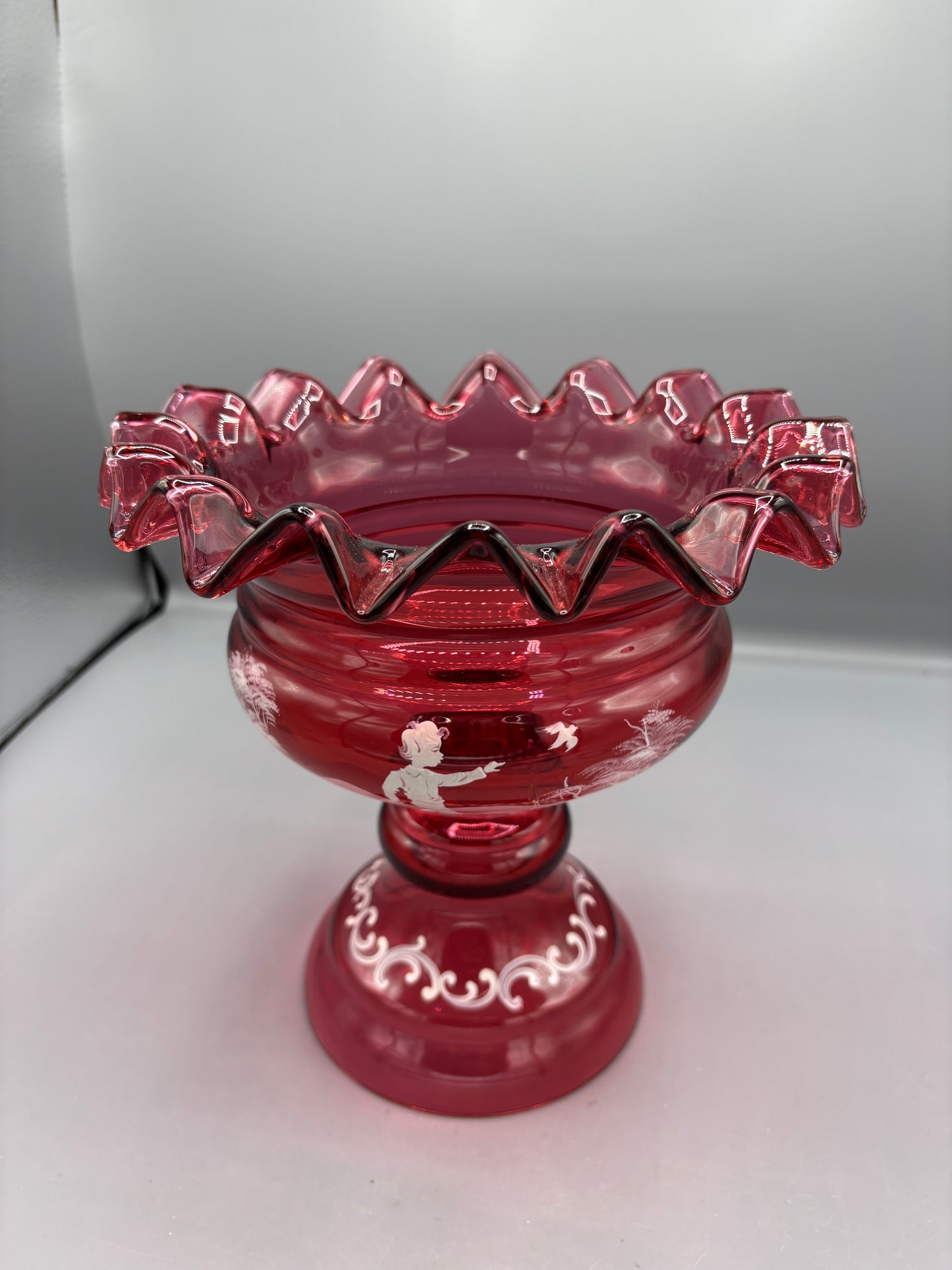 Large Fenton May Gregory cranberry glass pedestal vase