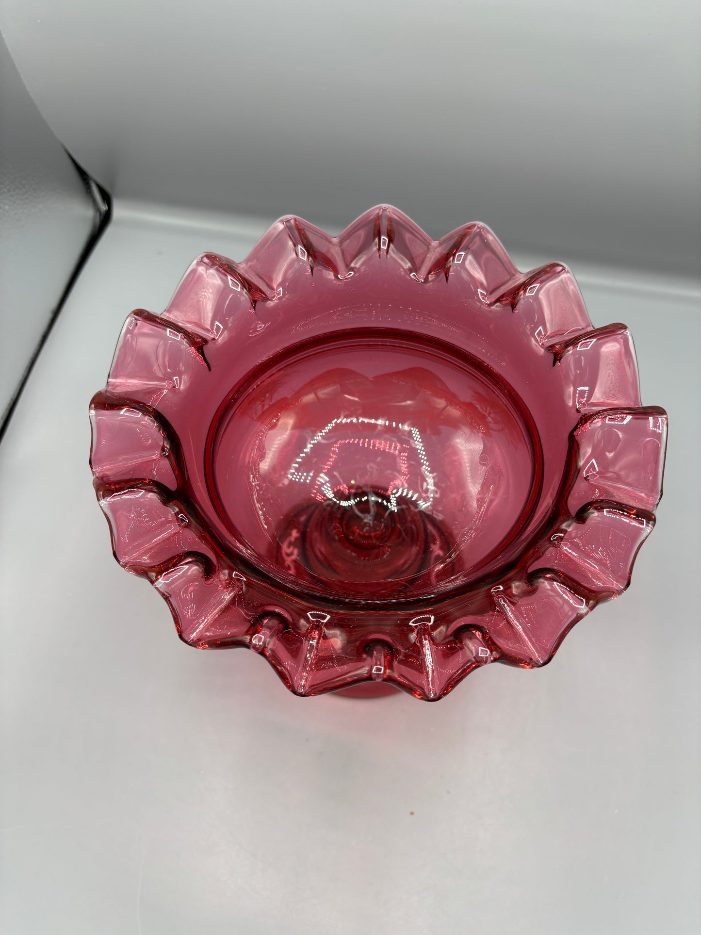 Large Fenton May Gregory cranberry glass pedestal vase