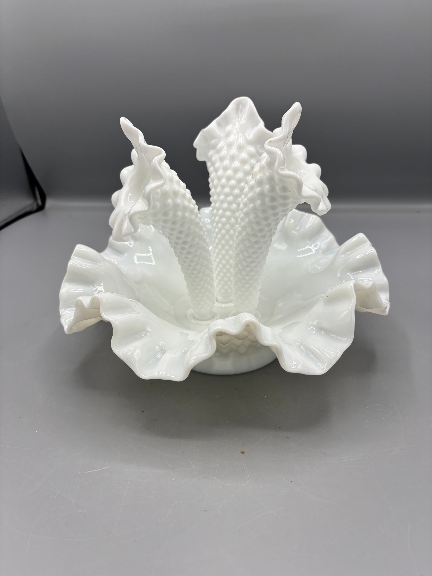 Vintage Fenton milk glass hobnail Epergne with 3 removable horns