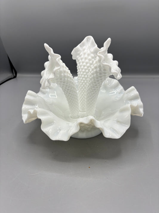 Vintage Fenton milk glass hobnail Epergne with 3 removable horns