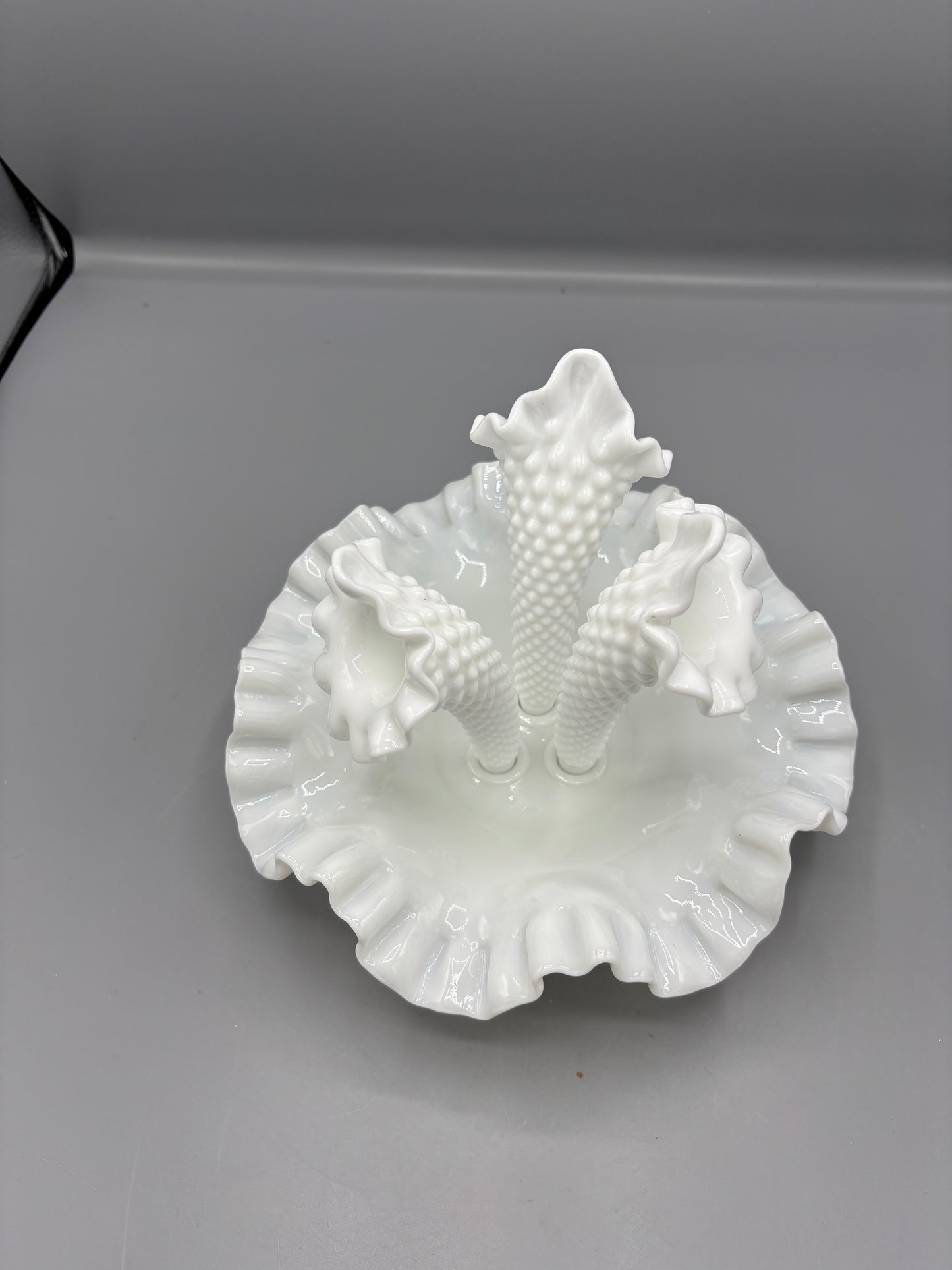 Vintage Fenton milk glass hobnail Epergne with 3 removable horns
