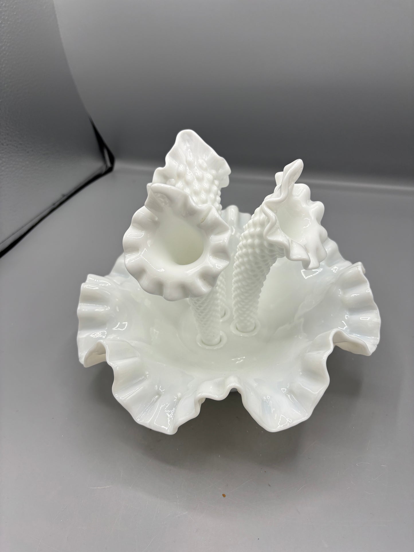 Vintage Fenton milk glass hobnail Epergne with 3 removable horns