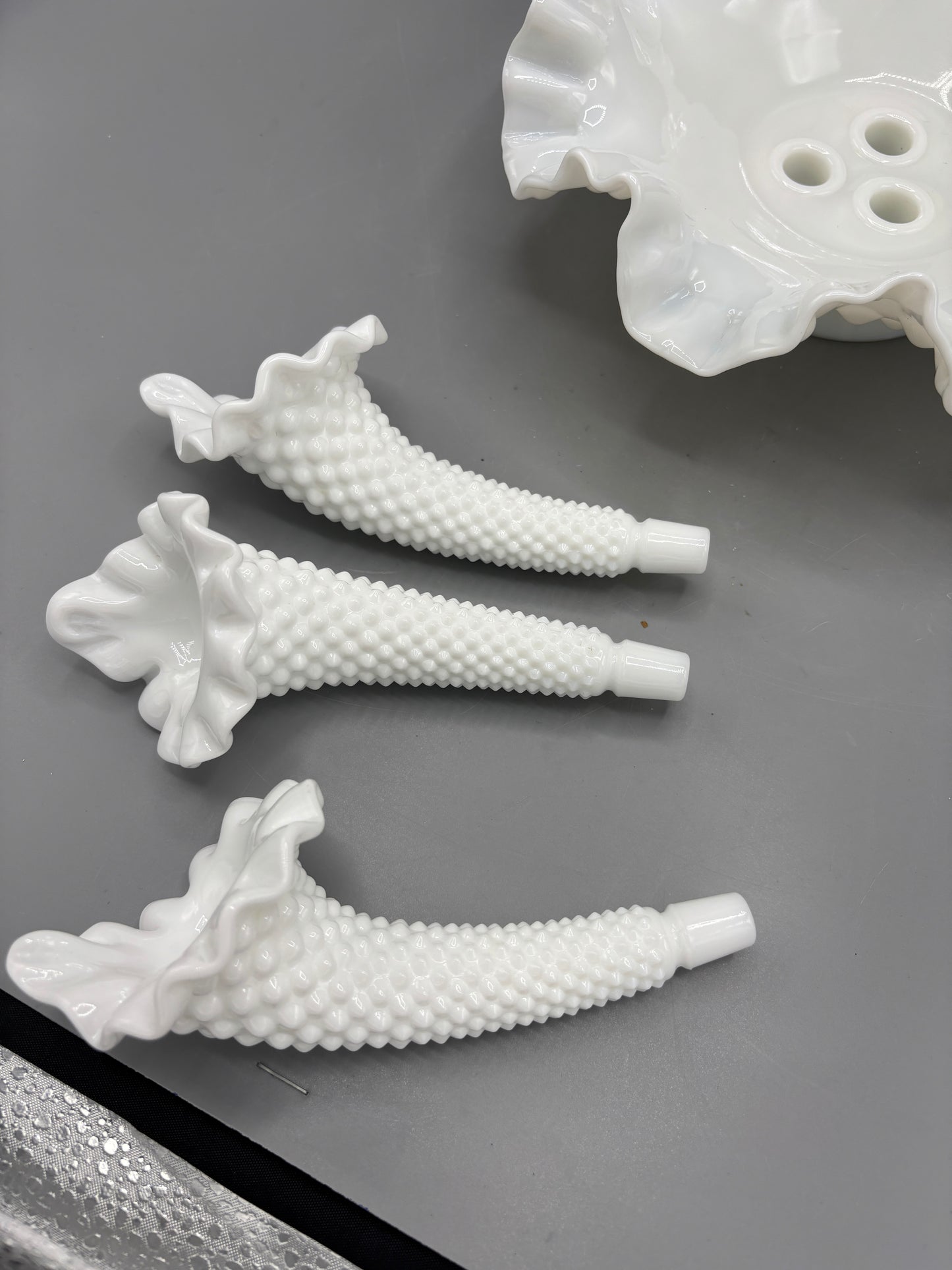 Vintage Fenton milk glass hobnail Epergne with 3 removable horns
