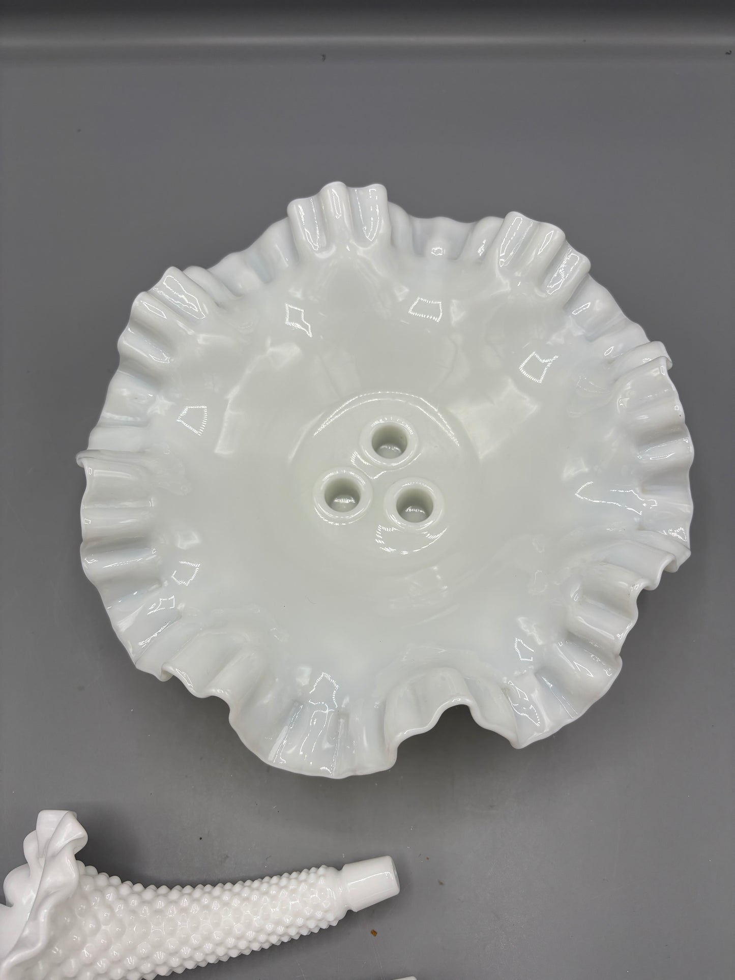 Vintage Fenton milk glass hobnail Epergne with 3 removable horns