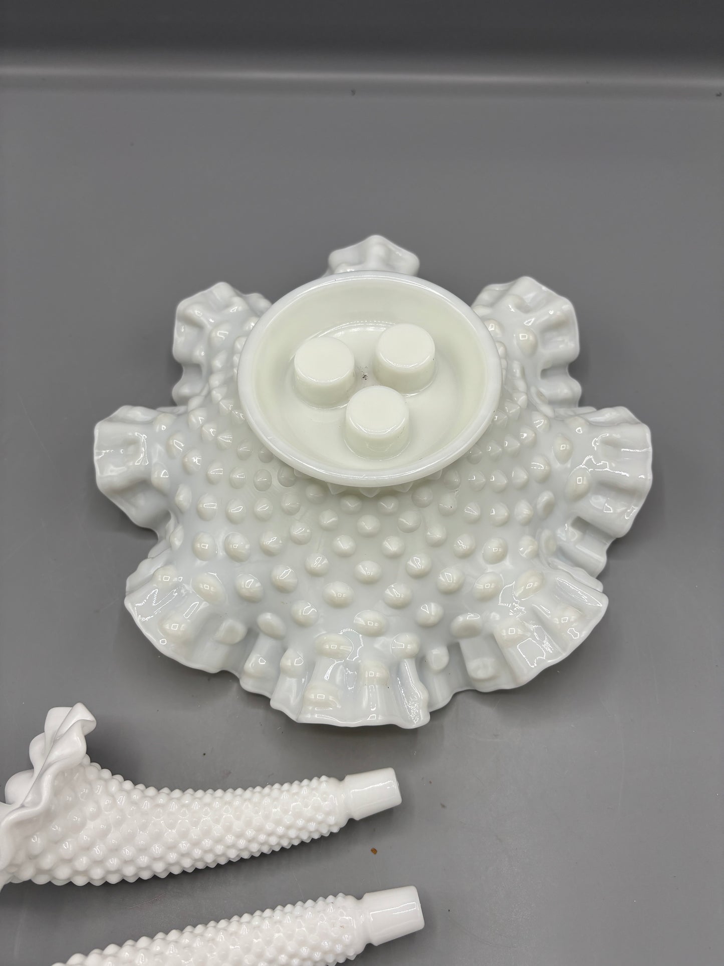 Vintage Fenton milk glass hobnail Epergne with 3 removable horns