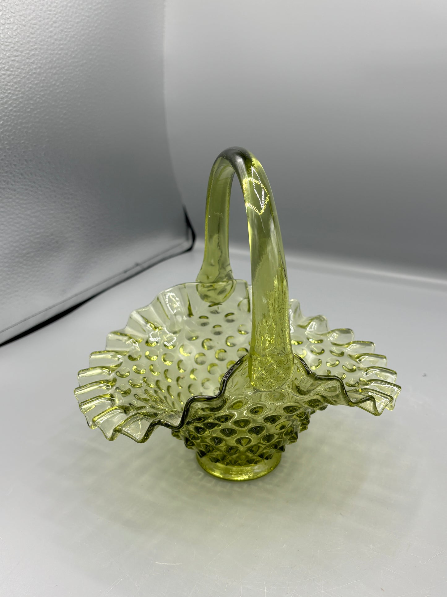 Fenton Colonial green hobnail glass basket