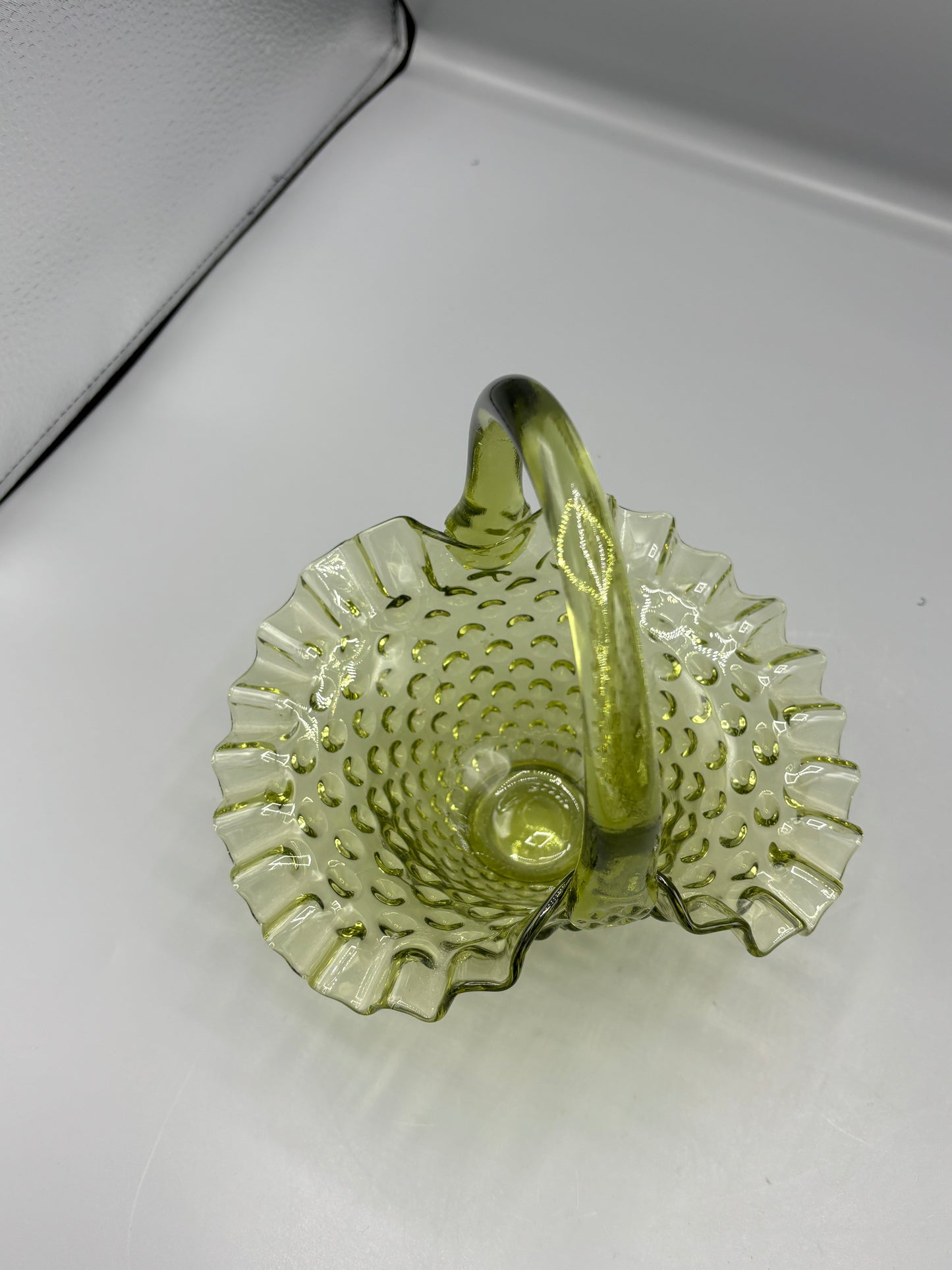 Fenton Colonial green hobnail glass basket