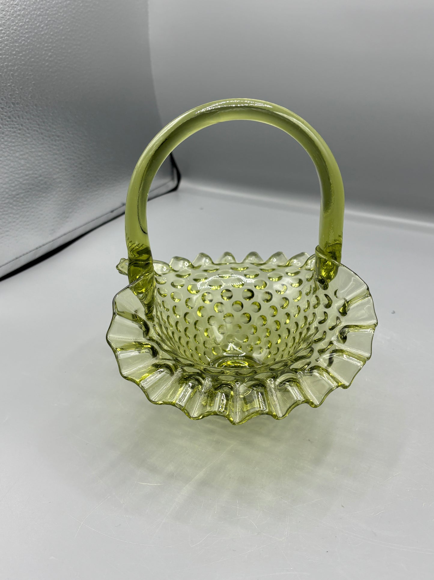 Fenton Colonial green hobnail glass basket