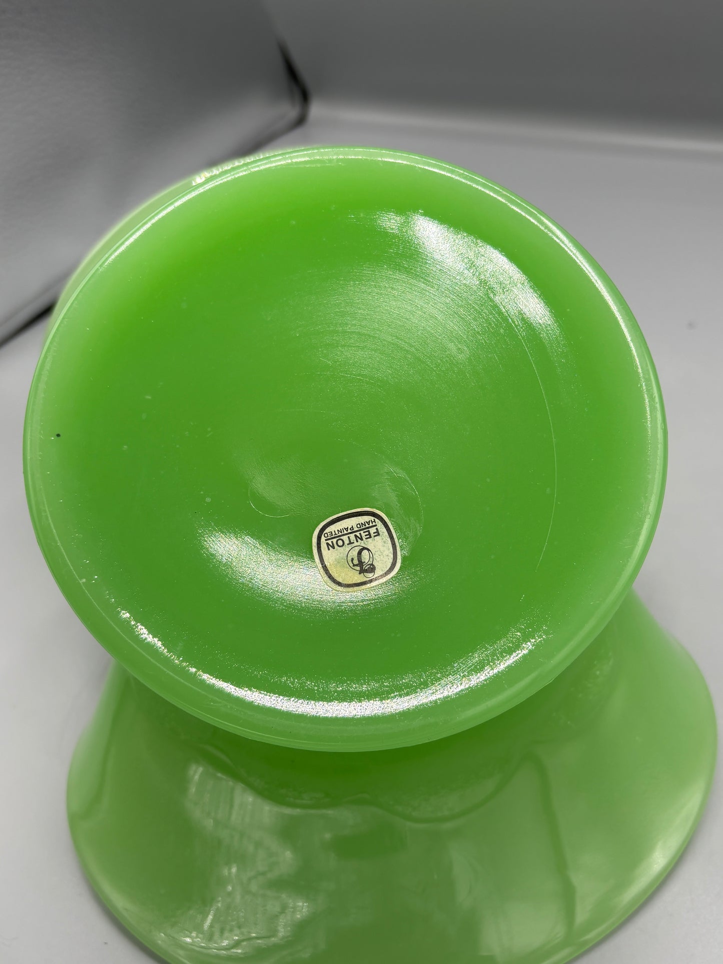 Vintage Fenton Jadeite basket with wicker handle