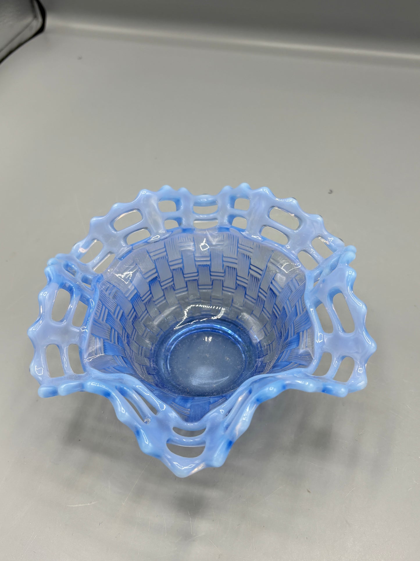 Vintage Fenton opalescent blue glass basket