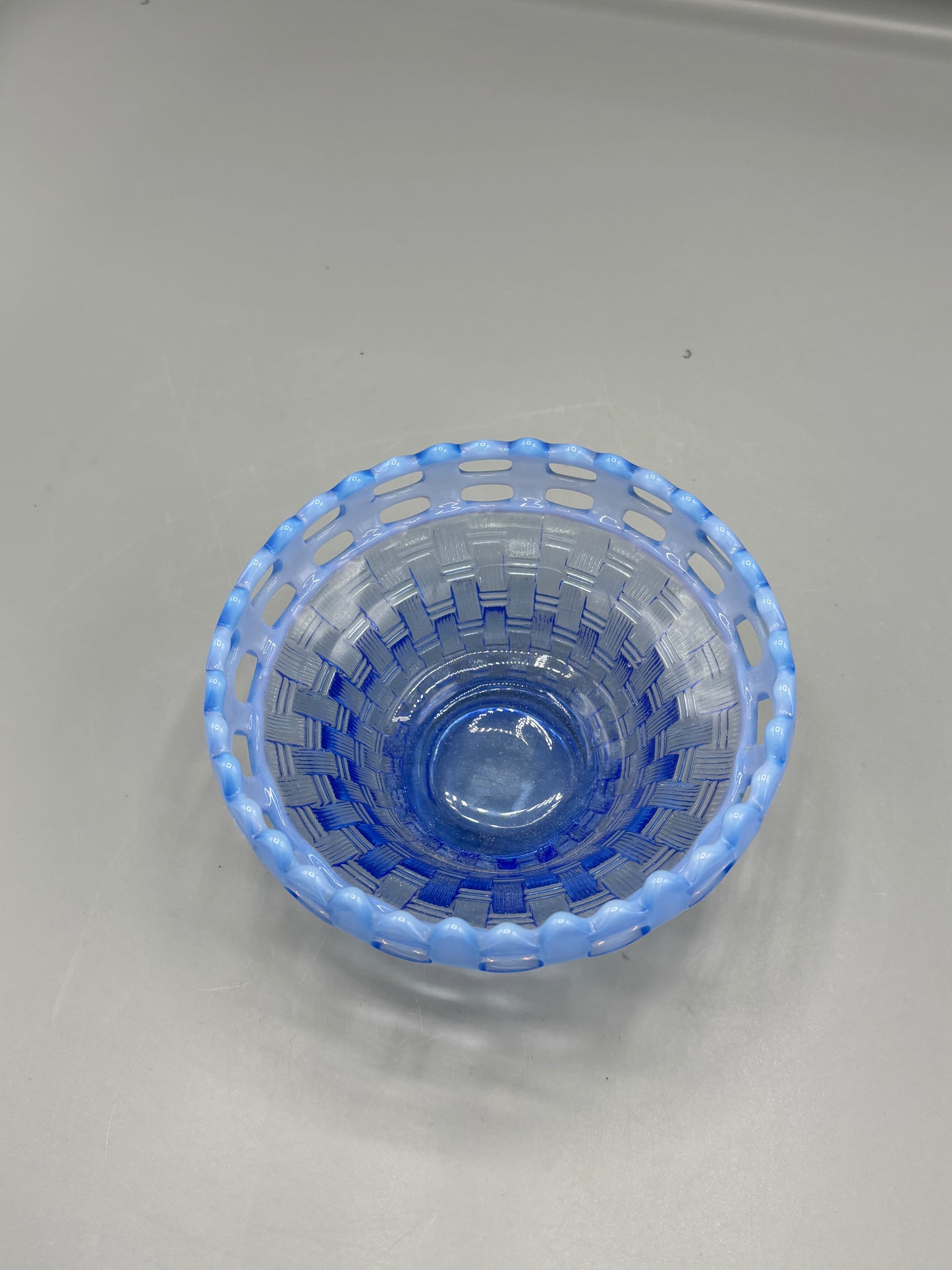 Vintage Fenton opalescent blue glass basket