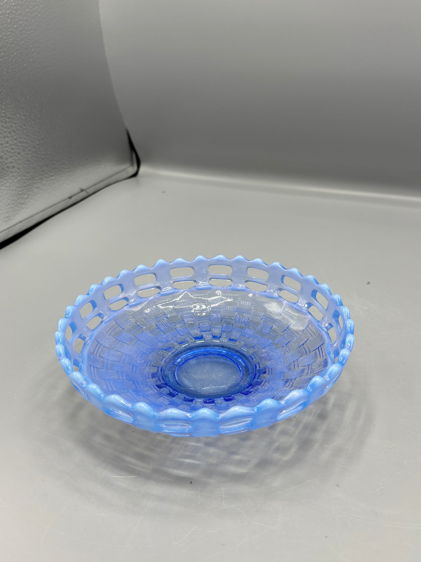 Vintage Fenton opalescent blue glass basket