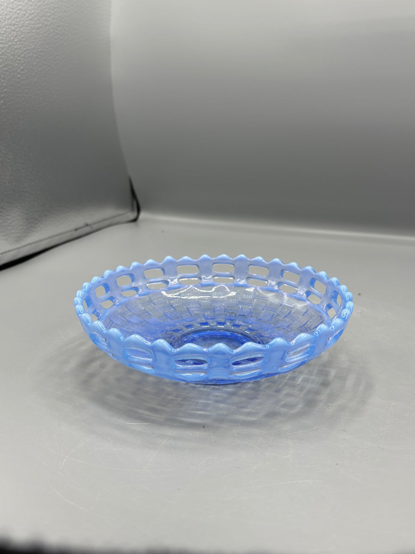 Vintage Fenton opalescent blue glass basket