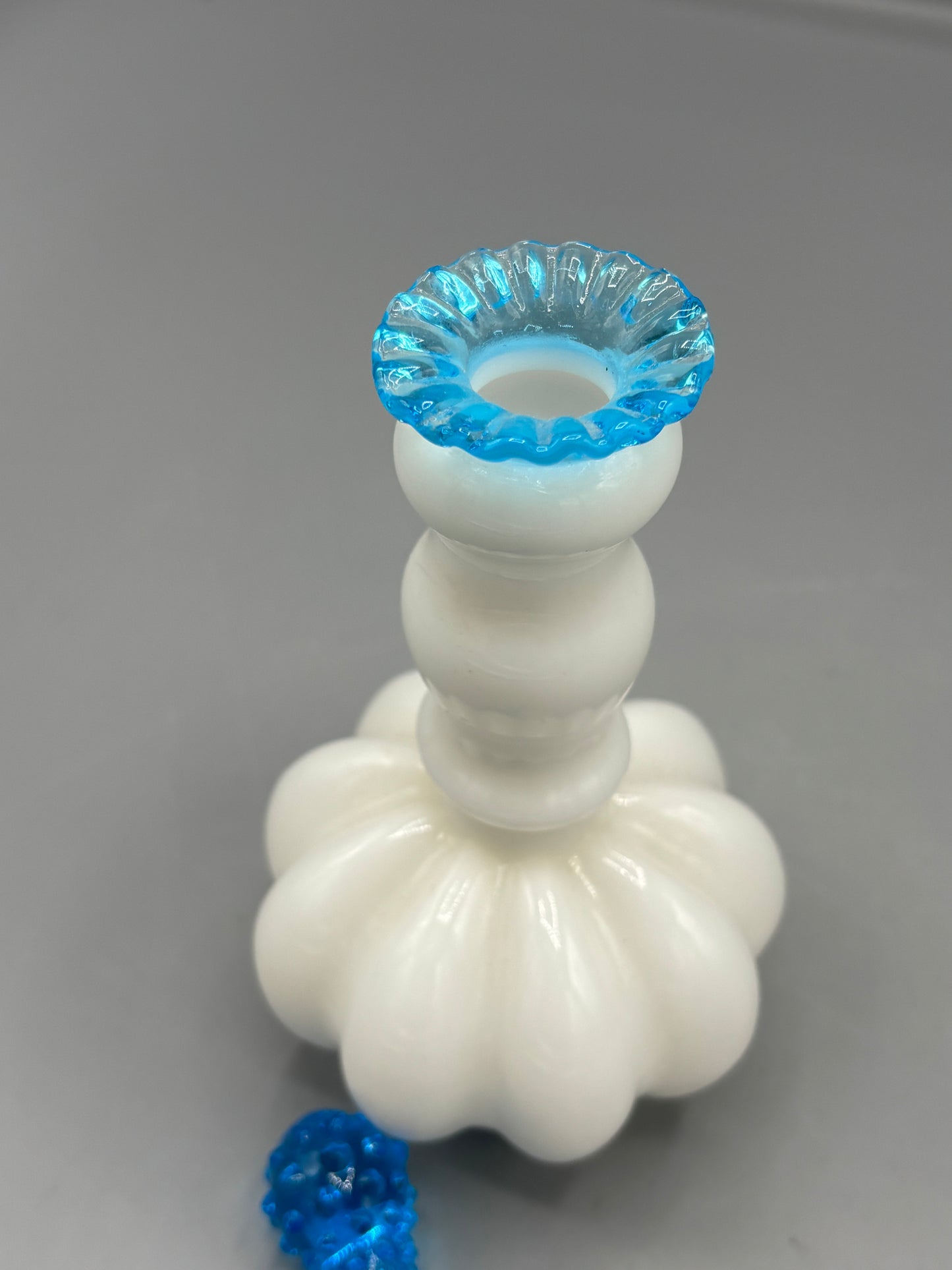 Vintage Fenton milk glass perfume bottle w/ blue stopper