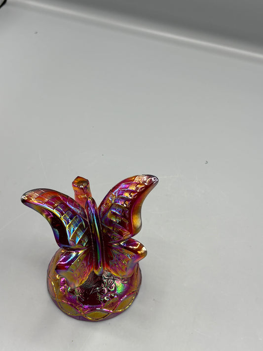 Vintage Fenton Ruby butterfly in a branch ring holder