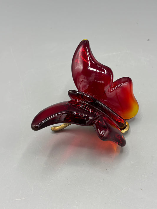Vintage Amberina Fenton butterfly on Fenton brass stand