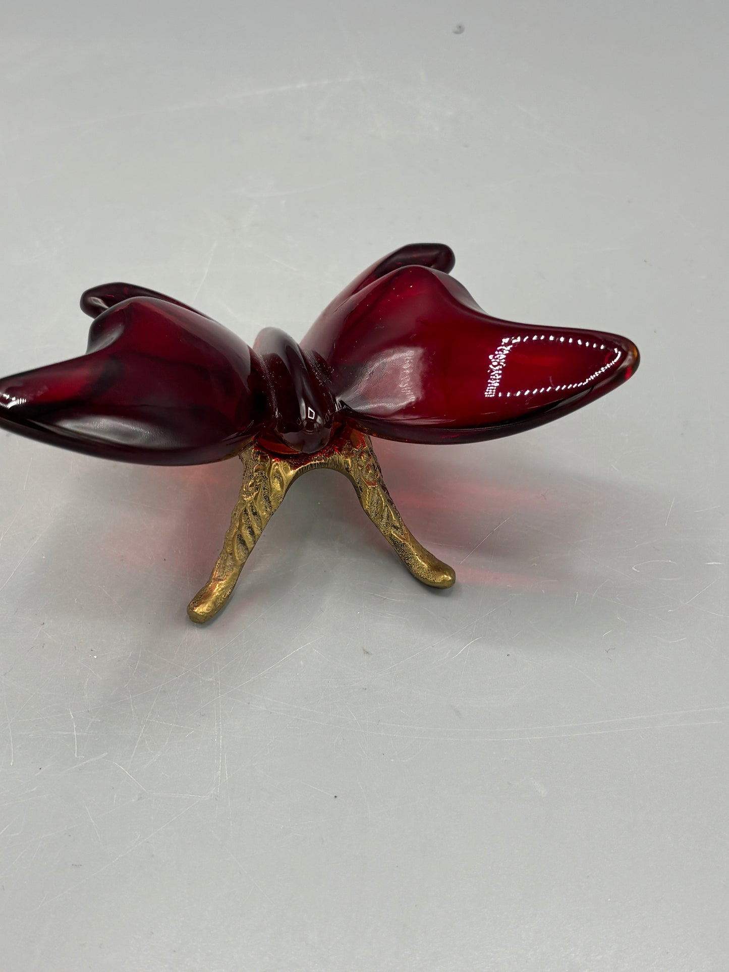 Vintage Amberina Fenton butterfly on Fenton brass stand