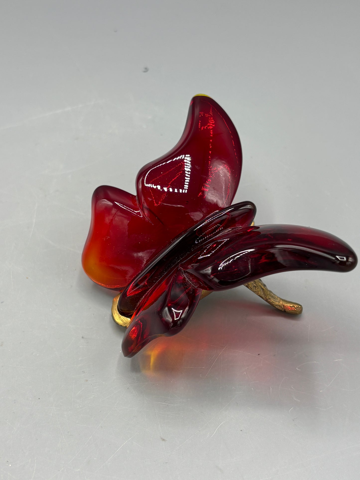Vintage Amberina Fenton butterfly on Fenton brass stand