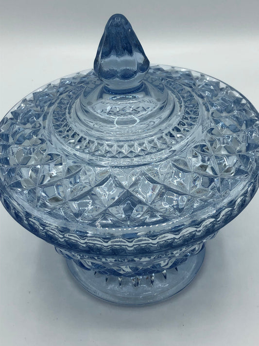 Vintage Indiana glass blue open lace footed candy dish