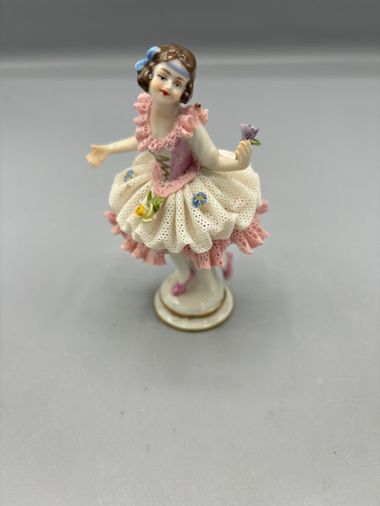 German Volkstedt Porcelain lace ballerina lady holding flower