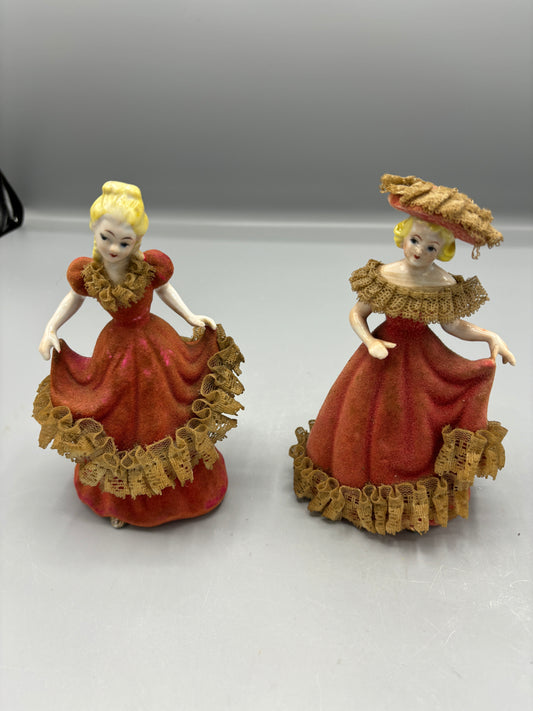 Vintage porcelain pair of ladies in Velvet dress