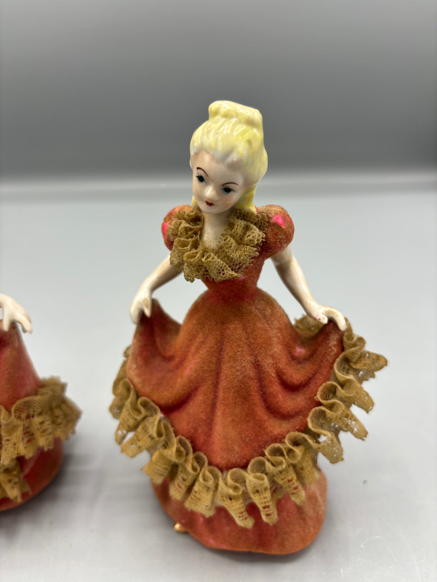 Vintage porcelain pair of ladies in Velvet dress