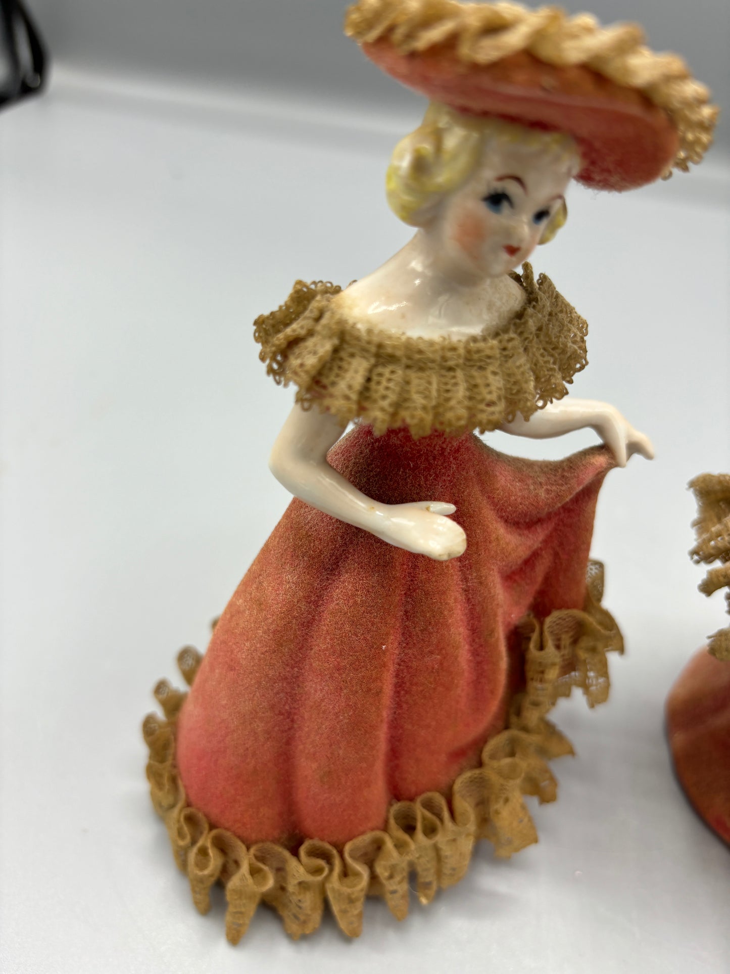 Vintage porcelain pair of ladies in Velvet dress