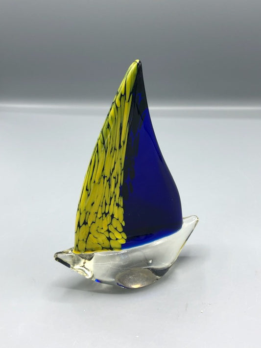 80s blue & yellow art glass boat
