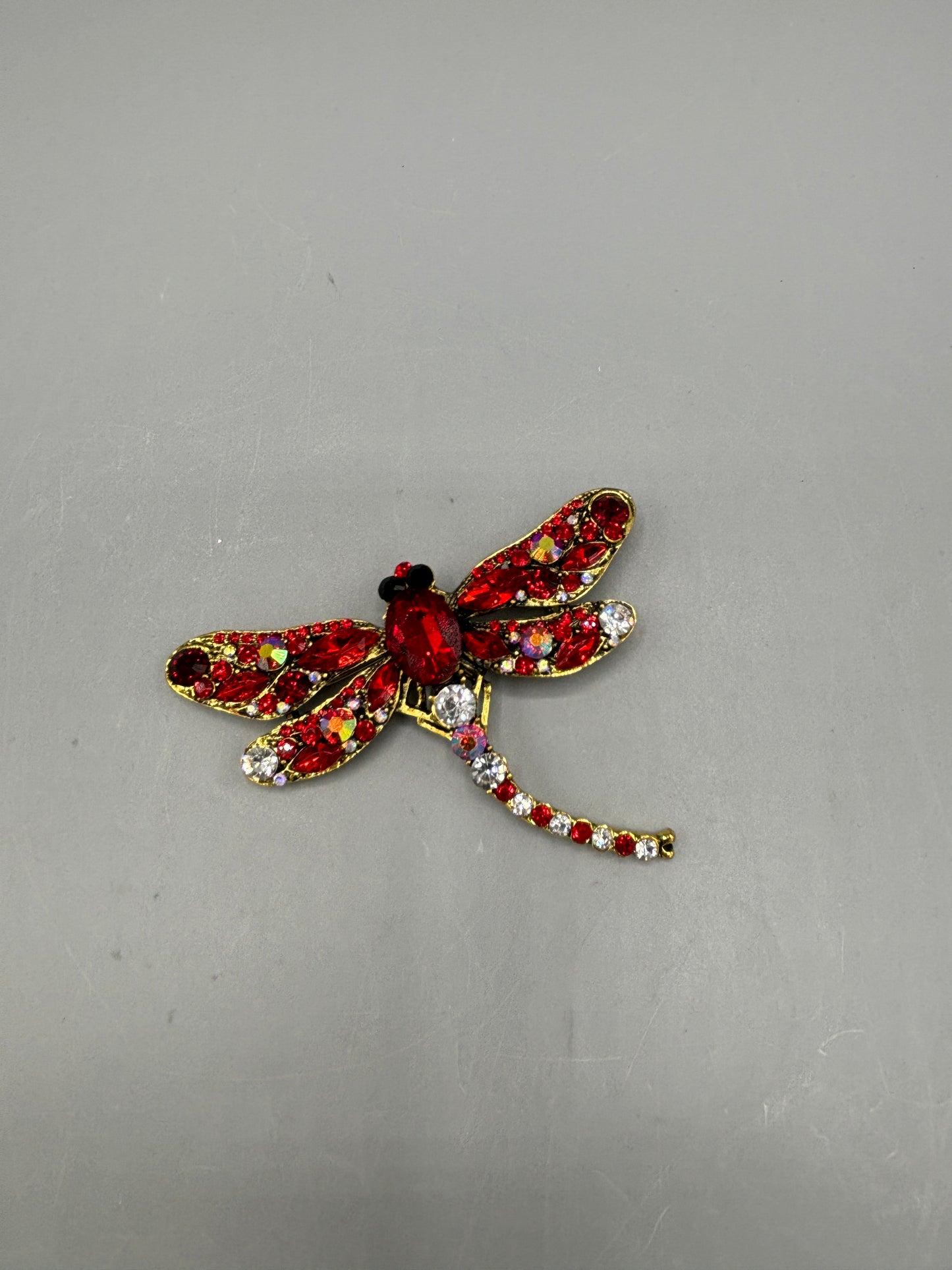 Gold tone red & clear Dragonfly brooch