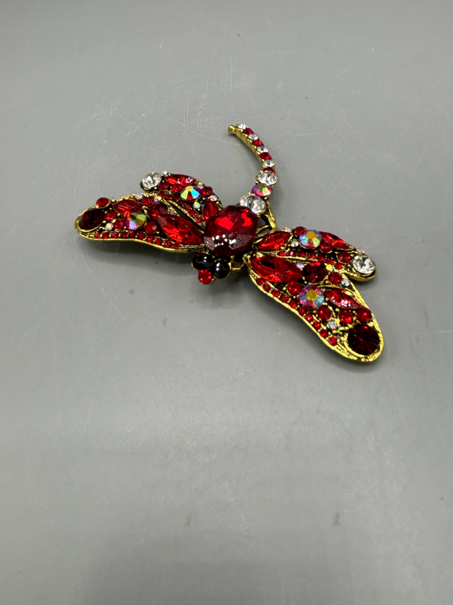 Gold tone red & clear Dragonfly brooch