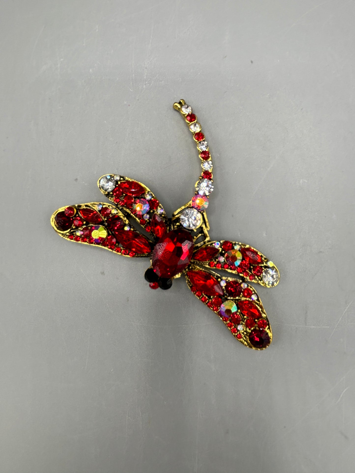 Gold tone red & clear Dragonfly brooch