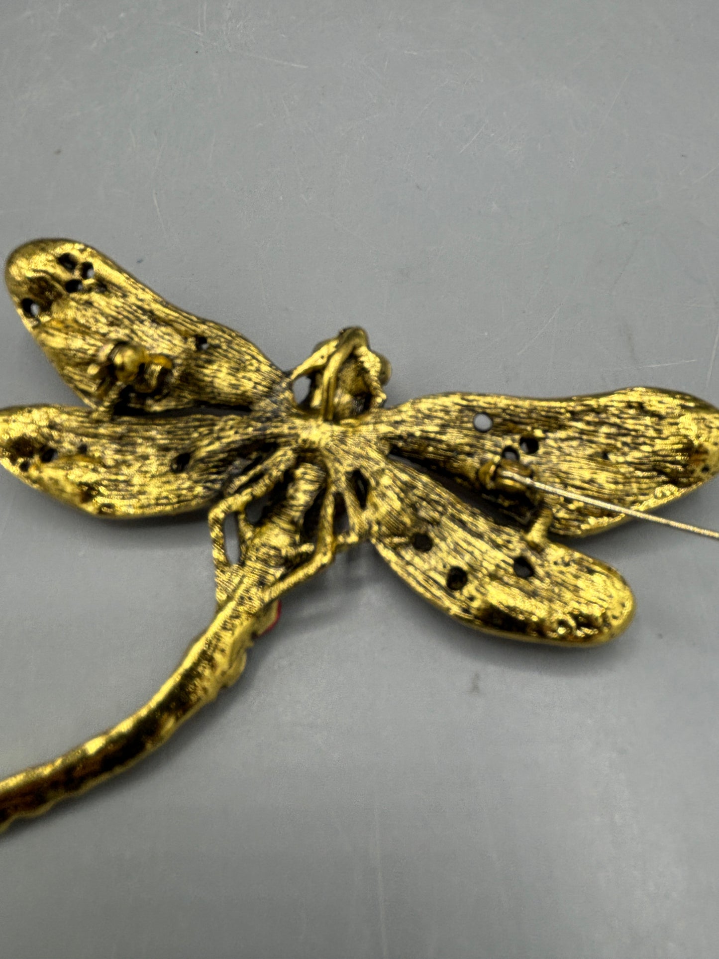 Gold tone red & clear Dragonfly brooch