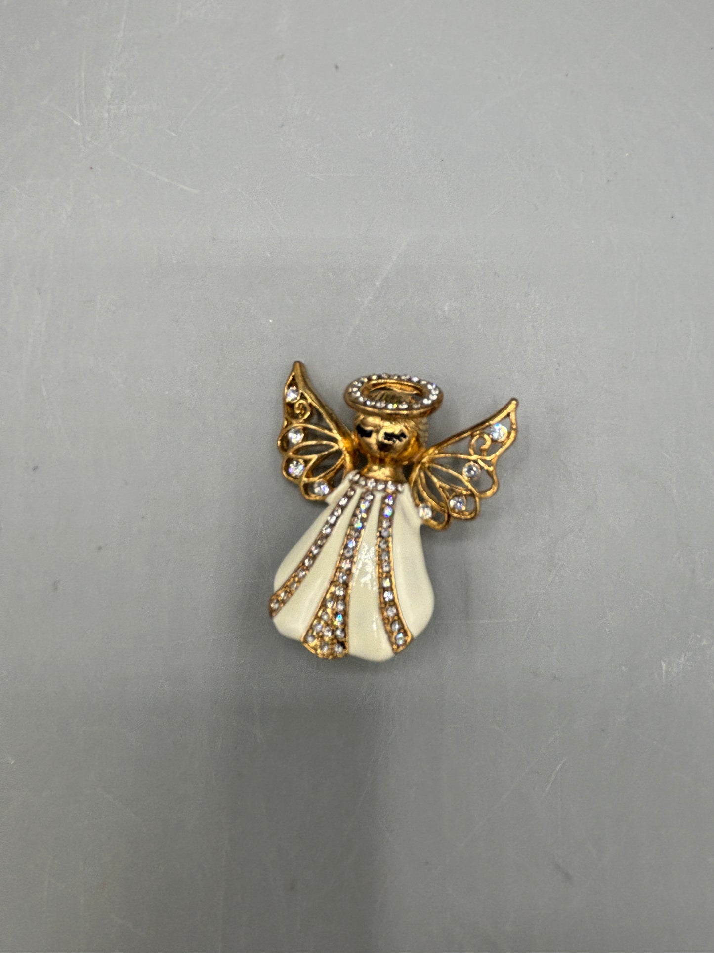 Gold tone Rhinestone & White Enamel xmas Angel brooch