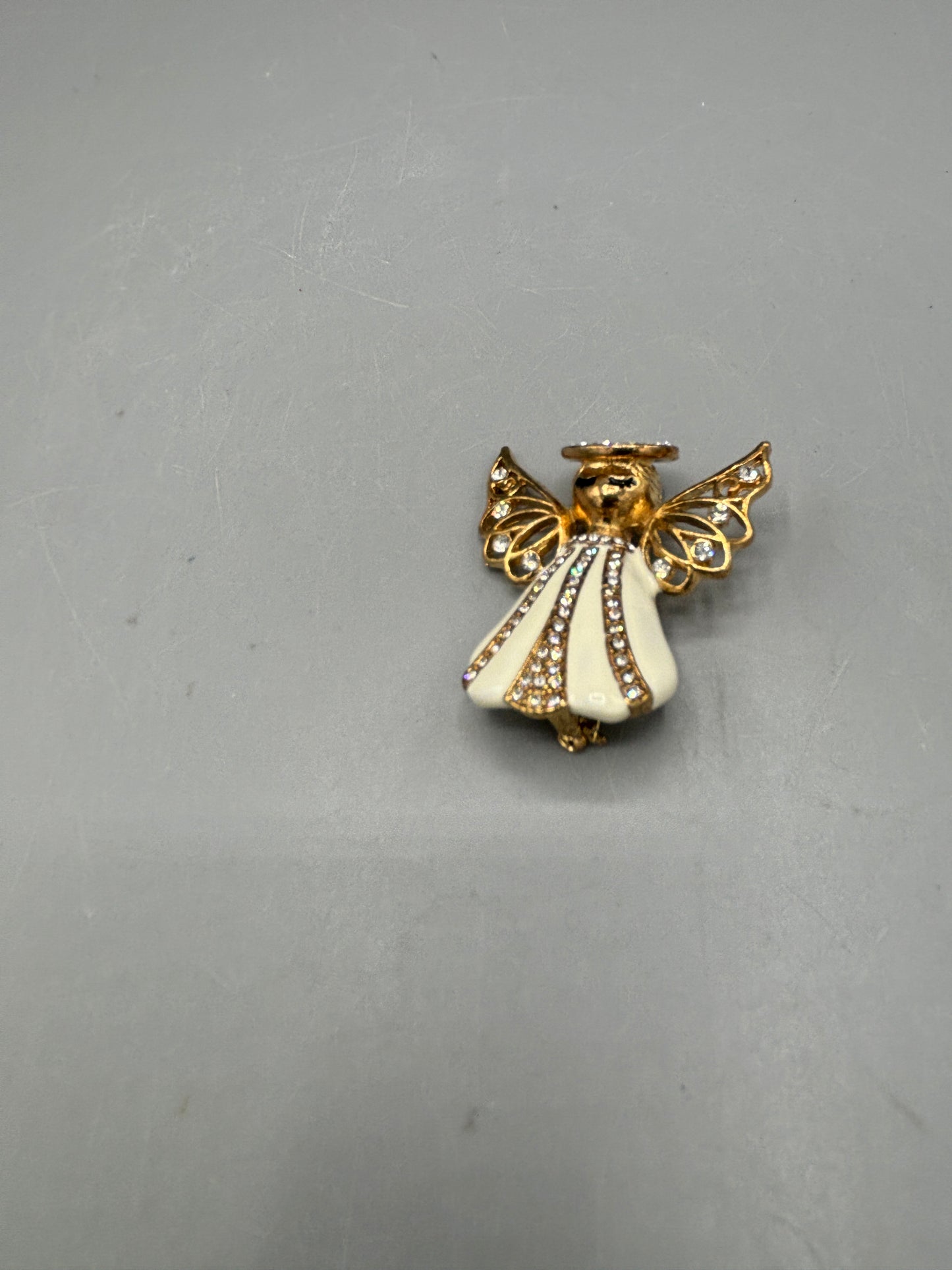 Gold tone Rhinestone & White Enamel xmas Angel brooch