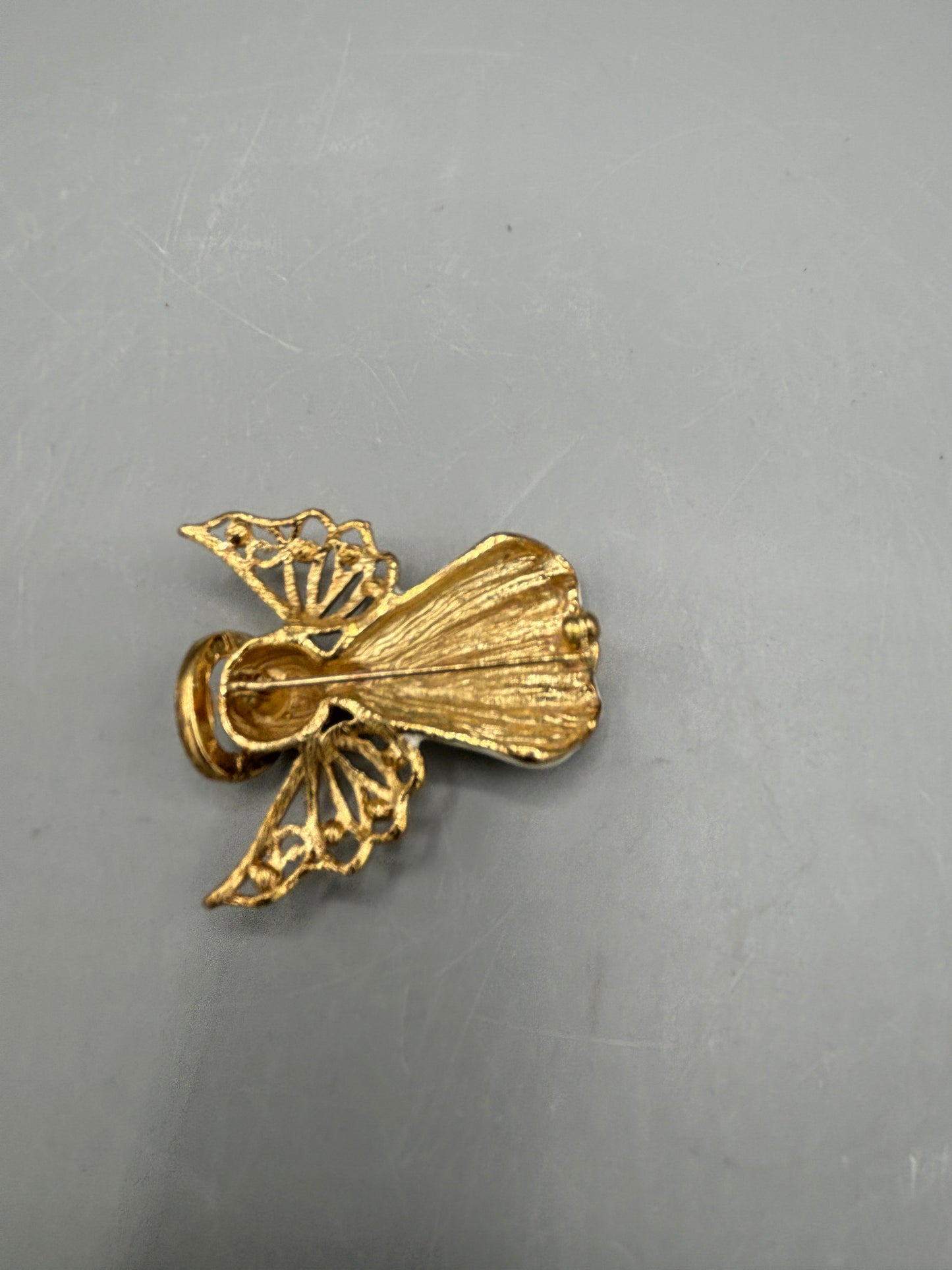 Gold tone Rhinestone & White Enamel xmas Angel brooch