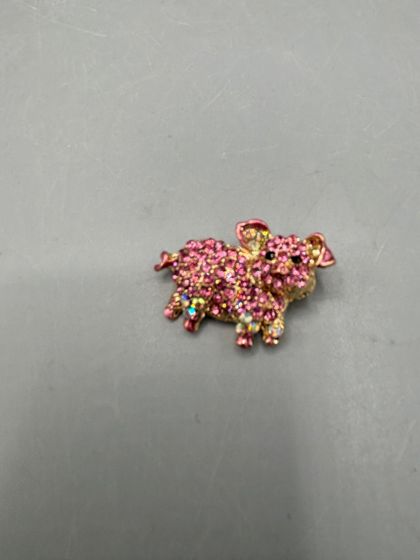 Gold tone pink Crystal Piggy brooch