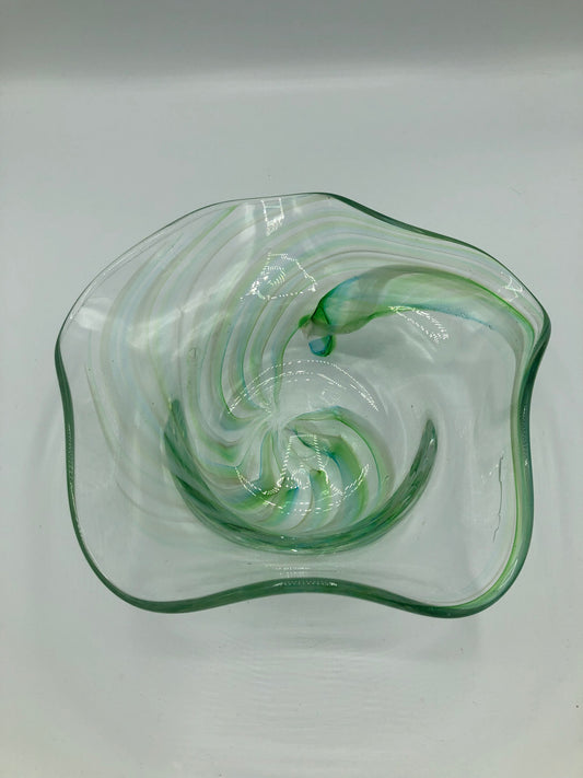 Handblown Green & White Wavy Glass Bowl