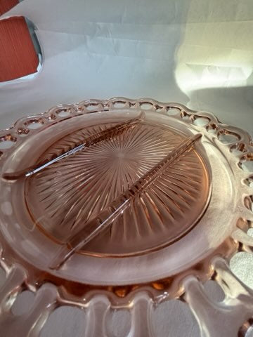 Anchor Hocking pink depression glass with lace edge tray