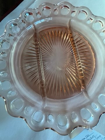 Anchor Hocking pink depression glass with lace edge tray