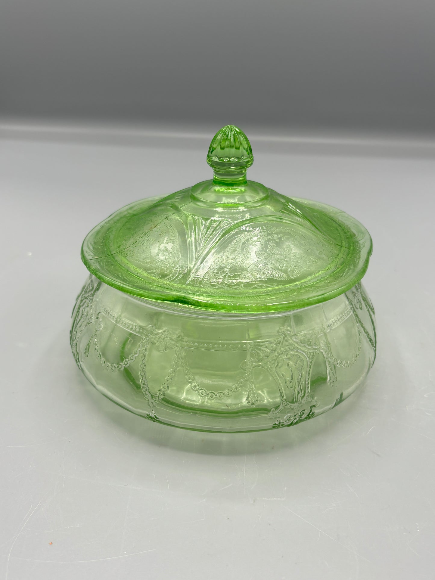 Antique Uranium Ballerina green candy dish with lid