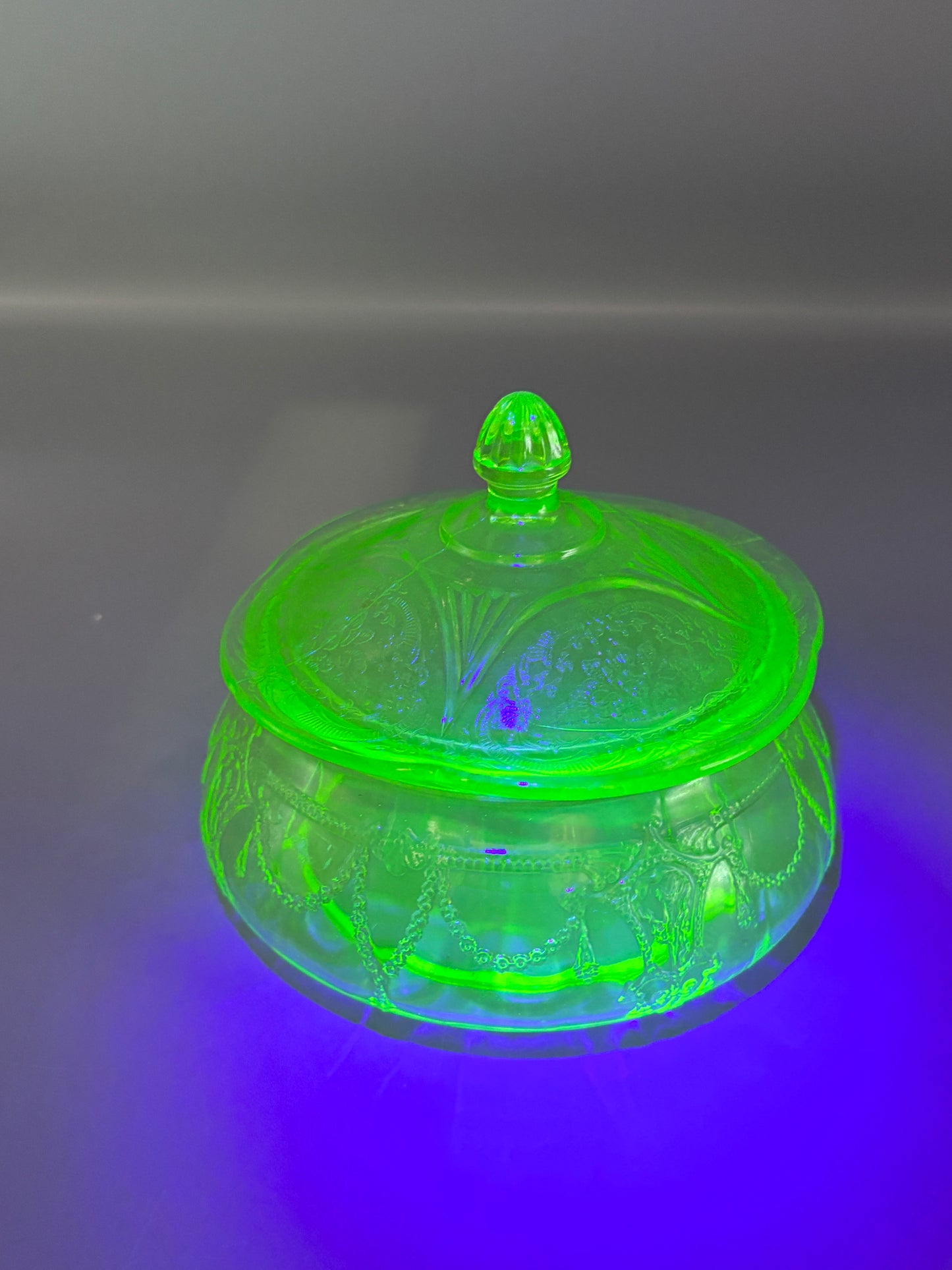 Antique Uranium Ballerina green candy dish with lid