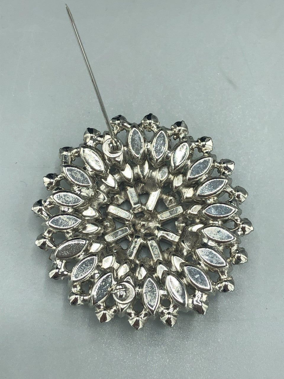 Large silver tone clear rhinestone