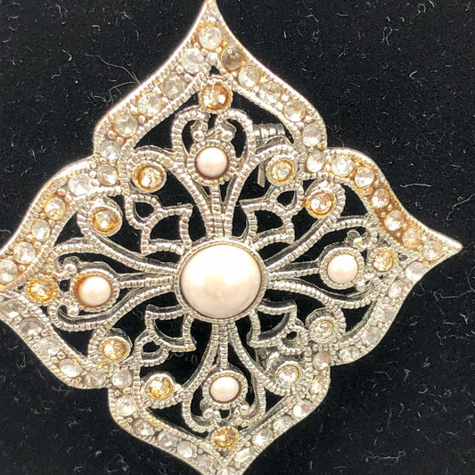 Silvertone Art Deco Pearl & Crystal Brooch