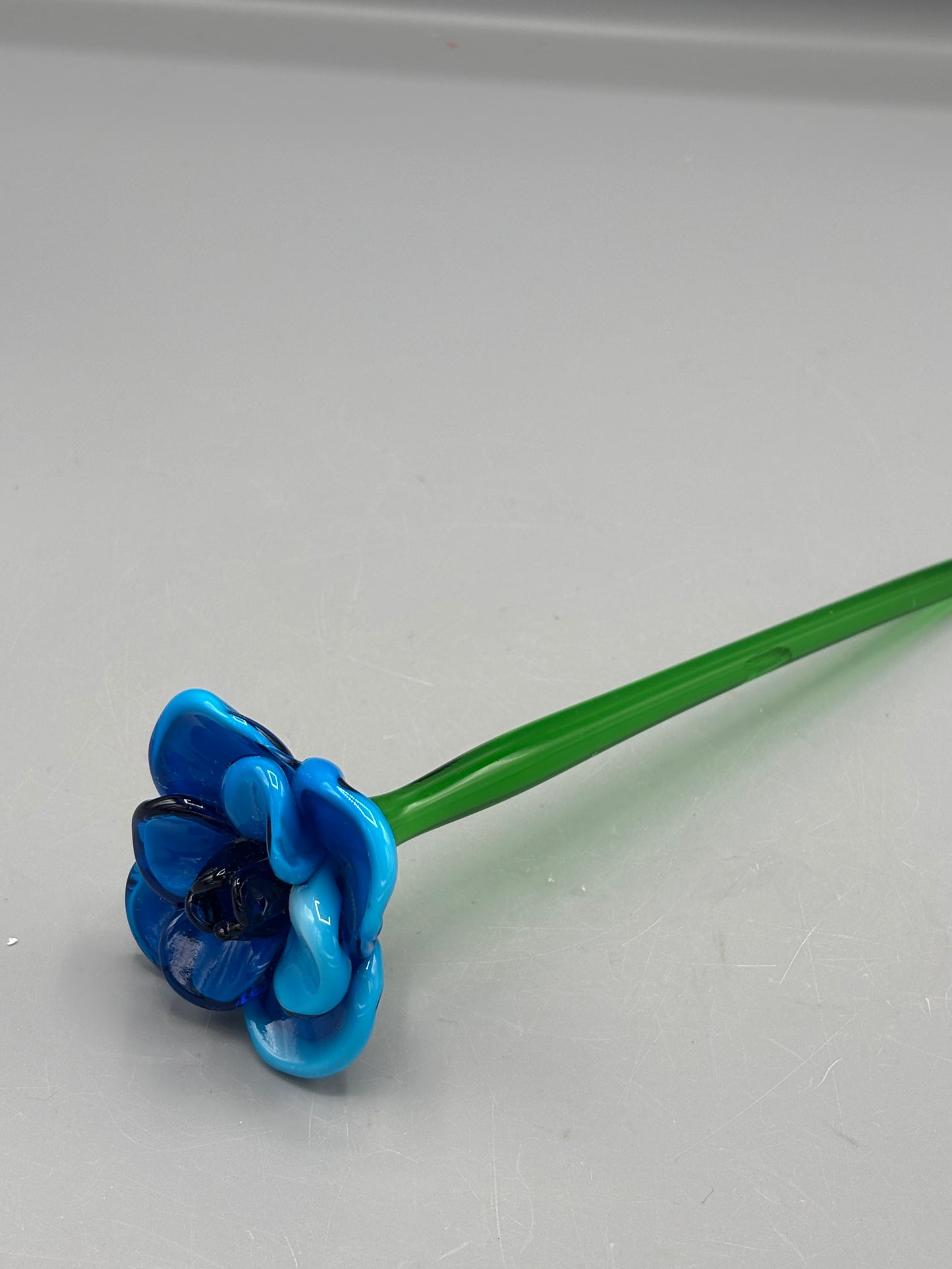 Art glass multi tone blue petal long stem glass flower